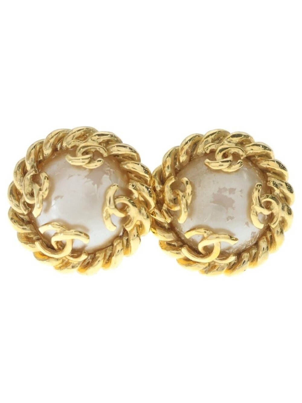 Chanel CC Logo Faux Pearl Earrings Gold White